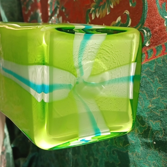 Vintage hand-blown green & blue & white vase, 7" x 4.5" - Picture 4 of 4